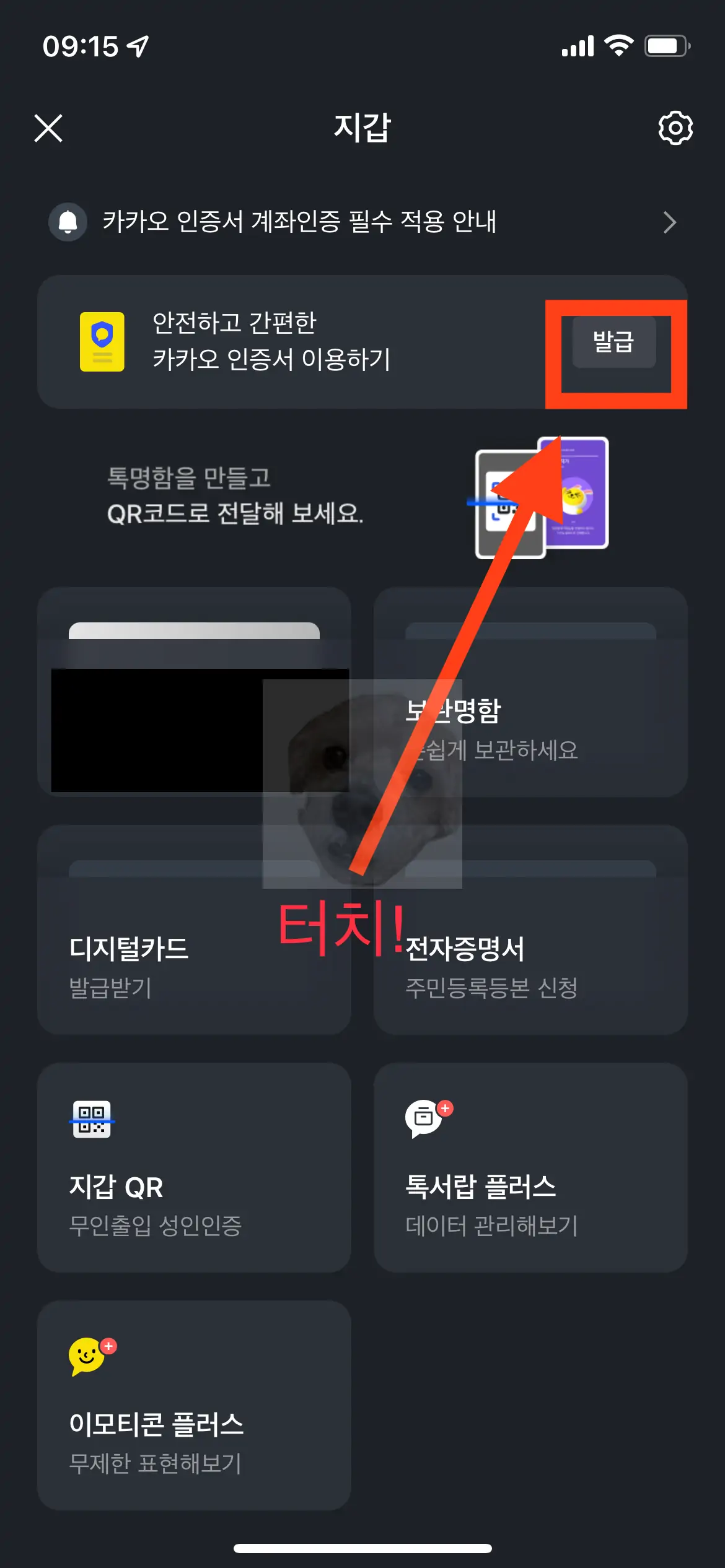 카카오 발급버튼 터치 사진