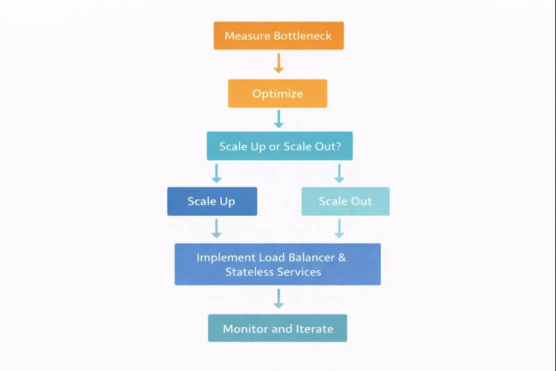 전산학 성능 문제가 발생했을 때 모니터링으로 병목을 찾고, 최적화 가능성을 검토한 뒤, 스케일 업 또는 스케일 아웃을 선택하고, 로드밸런싱&middot;세션 분리&middot;모니터링 등 운영 준비를 진행하는 단계별 흐름도