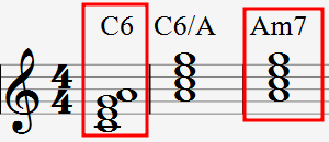 자리바꿈(전위)하면 같아지는 코드: 
 C6와 Am7