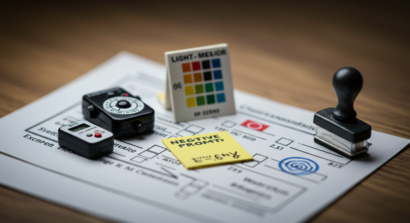 미니어처 조명, 색차트, 체크리스트, 워터마크 스탬프 등을 틸트쉬프트로 촬영해 체크리스트 아이콘처럼 배치한 이미지