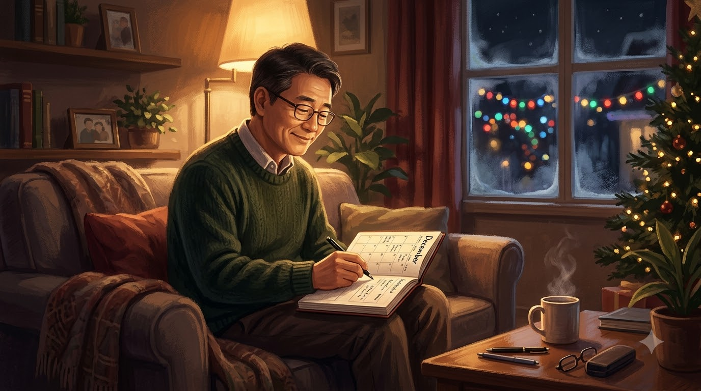 연말 저녁 거실 소파에서 다이어리 12월 페이지에 메모를 적고 미소 짓는 50대 남성, 창밖엔 크리스마스 불빛