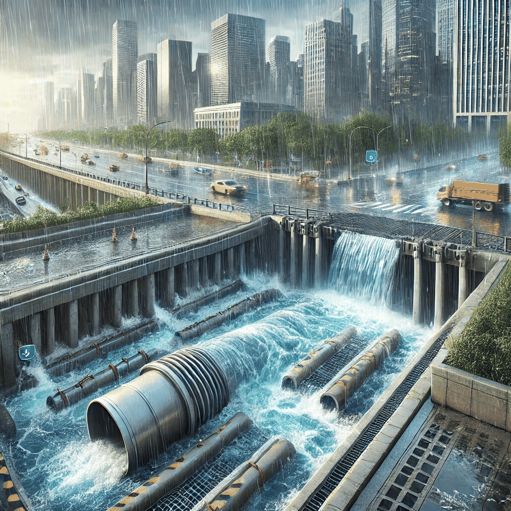 도시 배수 시스템이 효과적으로 홍수를 관리하는 모습을 담은 이미지