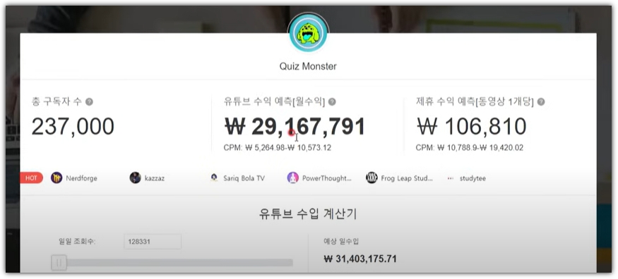 퀴즈 몬스터 채널의 예상 수익