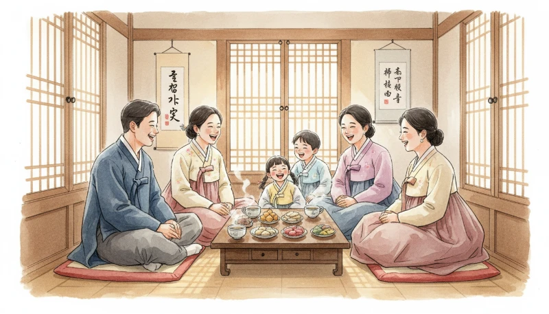 한옥에서 새해 인사를 나누는 화목한 가족의 모습