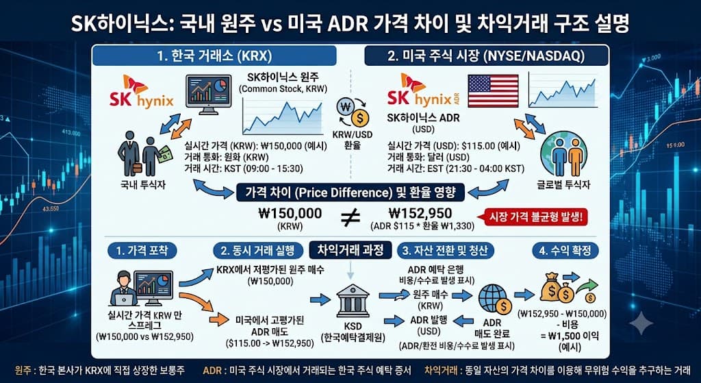 SK하이닉스 국내 원주와 미국 ADR의 가격 차이 및 차익거래 구조를 설명하는 이미지