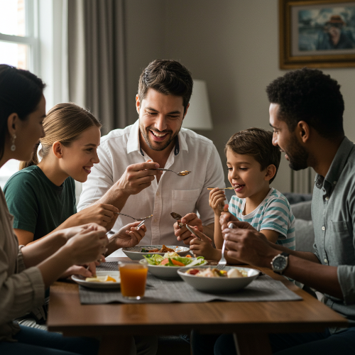 식탁에 앉아서 몸에 좋은 음식을 나누는 가족들 사진