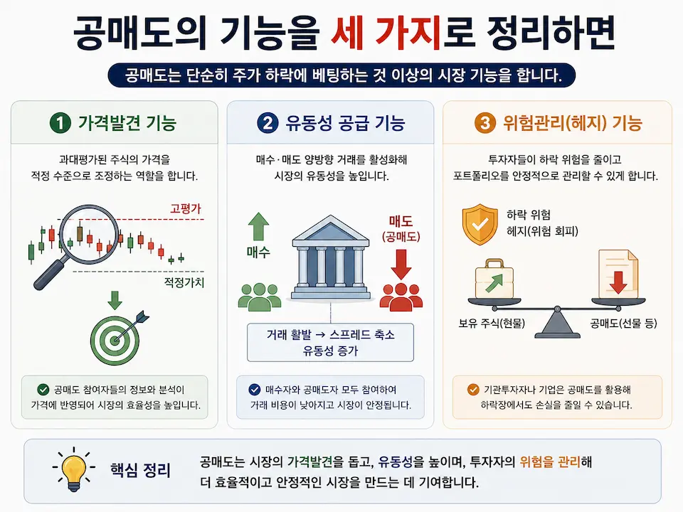 가격발견과 유동성 공급, 위험관리로 나눠 공매도의 시장 기능을 설명한 이미지