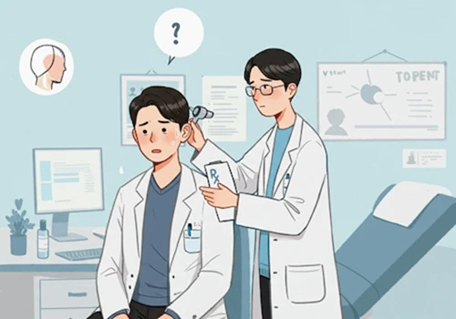 표현적인 일러스트 스타일로 그린&amp;#44; 이비인후과에서 의사에게 귀 진료를 받는 성인 한국인 캐릭터
