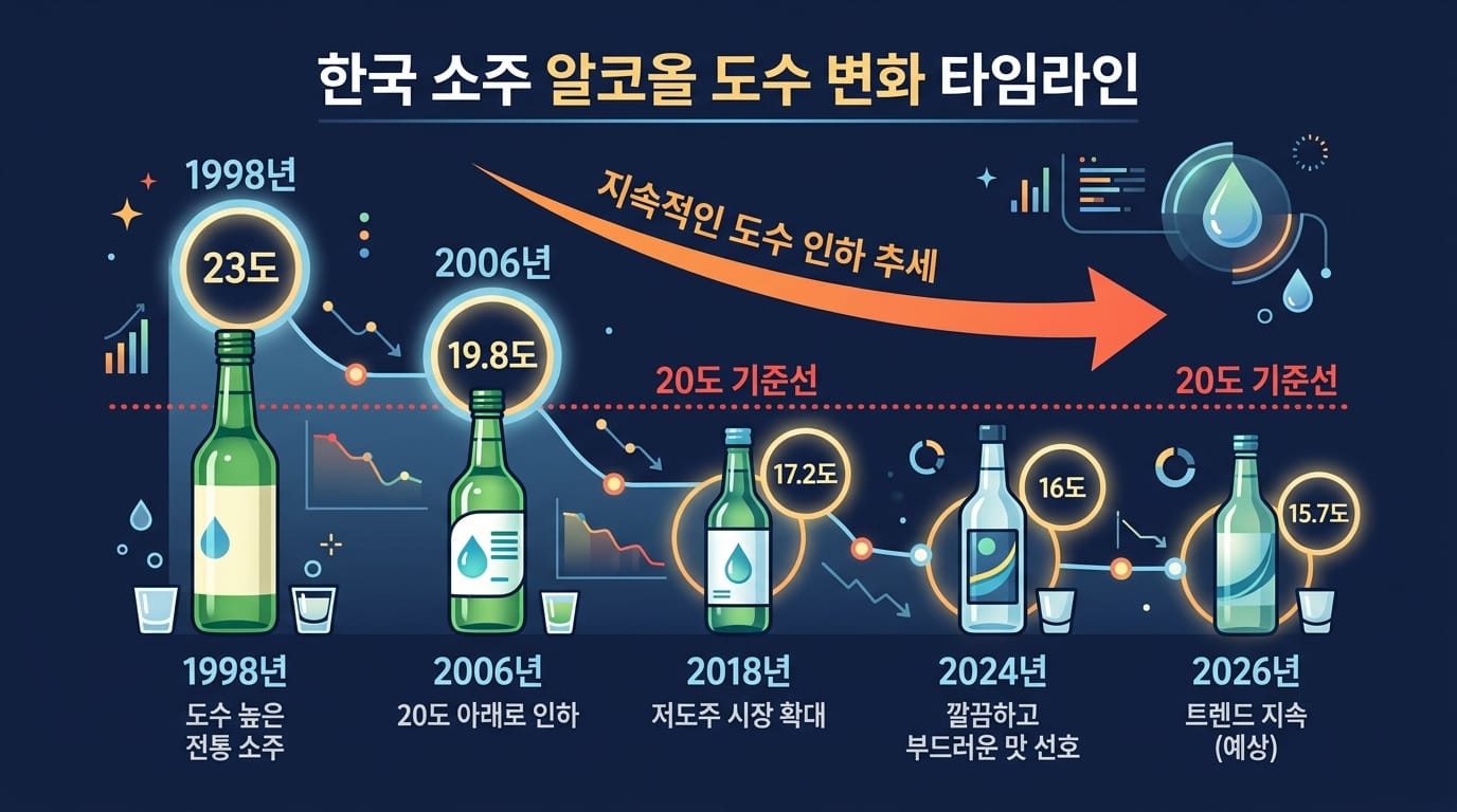 1998년 23도에서 2026년 15.7도 저도화 20도 소주 도수 변천 타임라인 인포그래픽