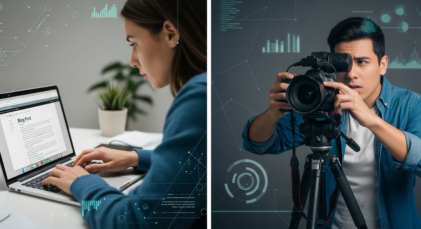 블로그에 글을 쓰는 사람과 유튜브 영상을 촬영하는 사람의 모습이 나뉘어 보여지며, 각 채널의 특징을 비교하고 선택하는 과정을 시각적으로 나타냅니다.