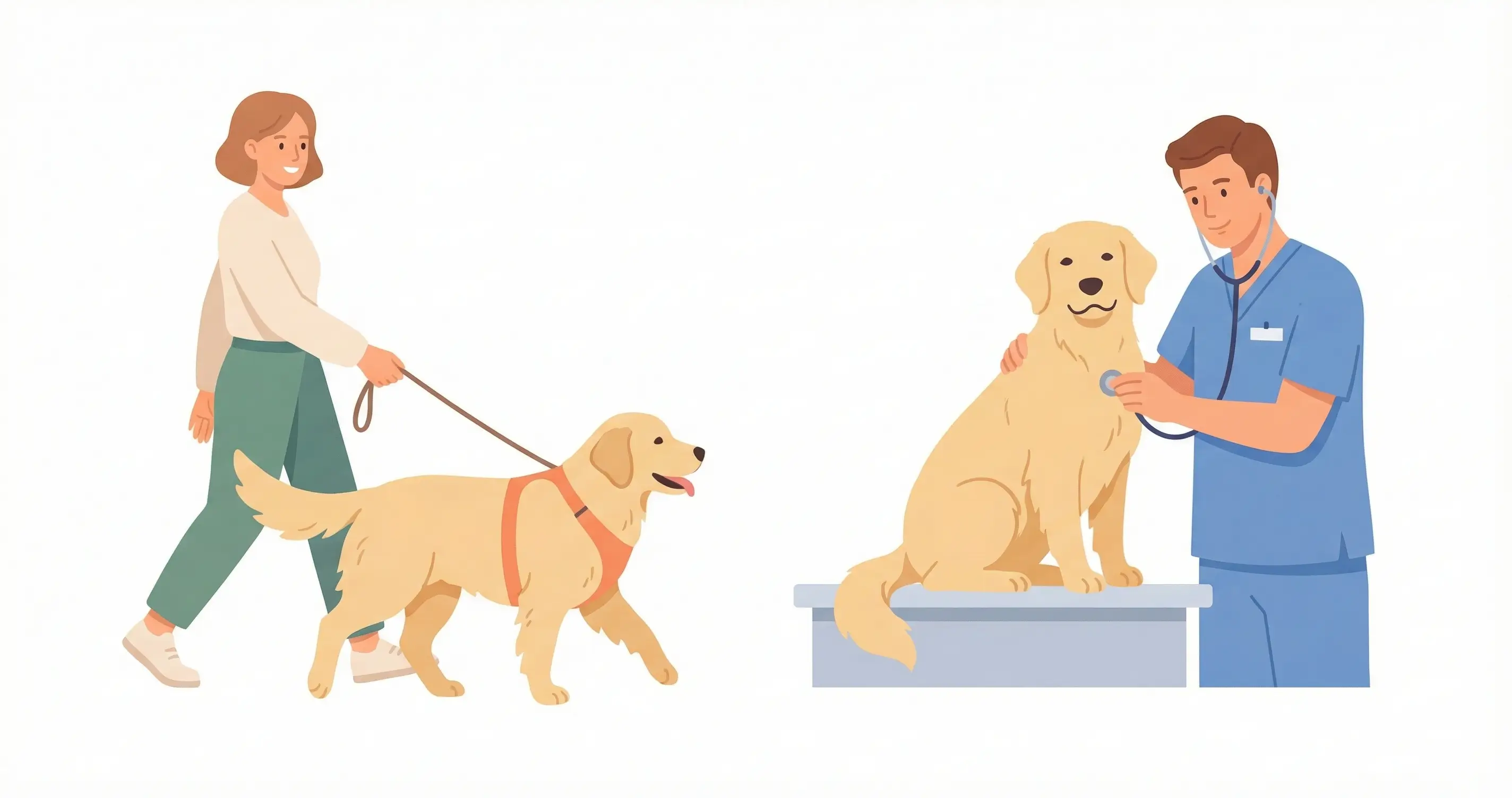 골든 리트리버의 건강을 위해 산책하거나 검진받는 모습