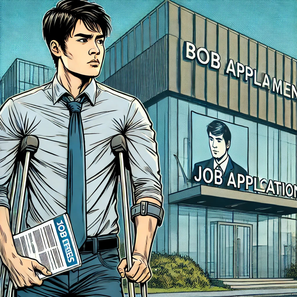 사무실 건물 앞에서 팔목 지팡이를 사용하며 이력서를 든 젊은 남성