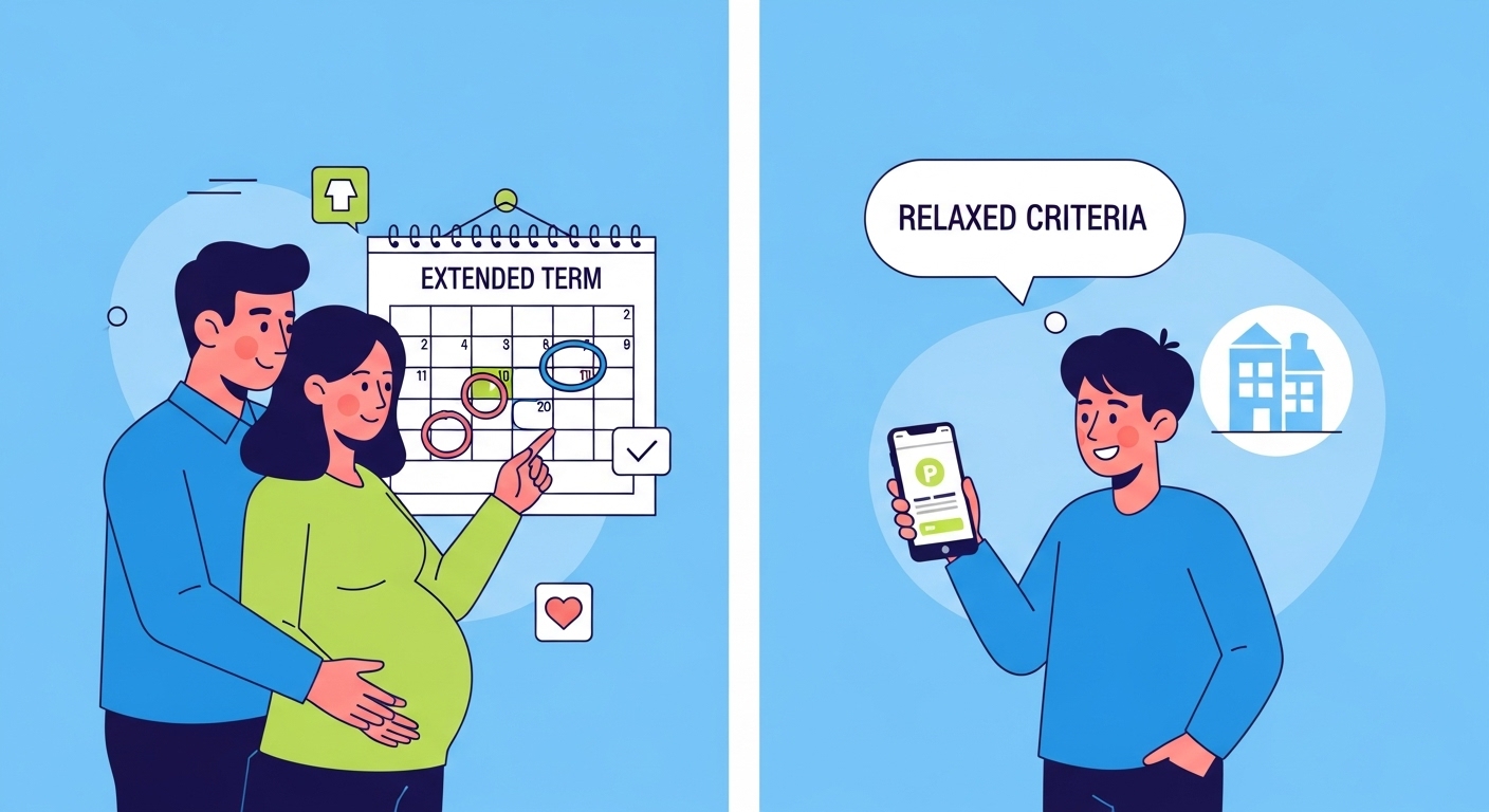 서울시 임차보증금 이자지원 사업의 주요 변경 사항을 나타내는 그래픽: 출산 시 대출 연장과 청년 월세 지원 기준 완화.