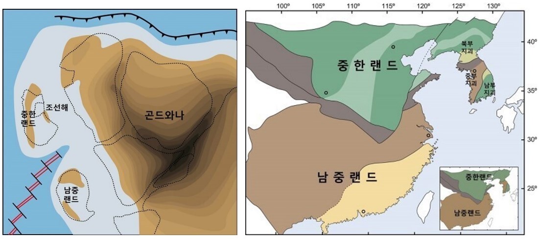 5억 년 전의 고지리도 남위 10도 부근, 현재의 동아시아 지체구조도 출처 최덕근