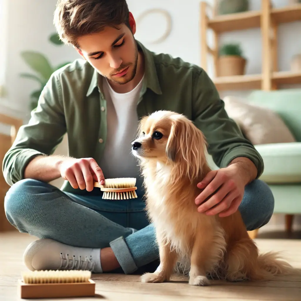 밝은 실내 바닥에 앉아 부드러운 브러시로 반려견을 정성껏 손질하는 젊은 남성의 초고해상도 사진
