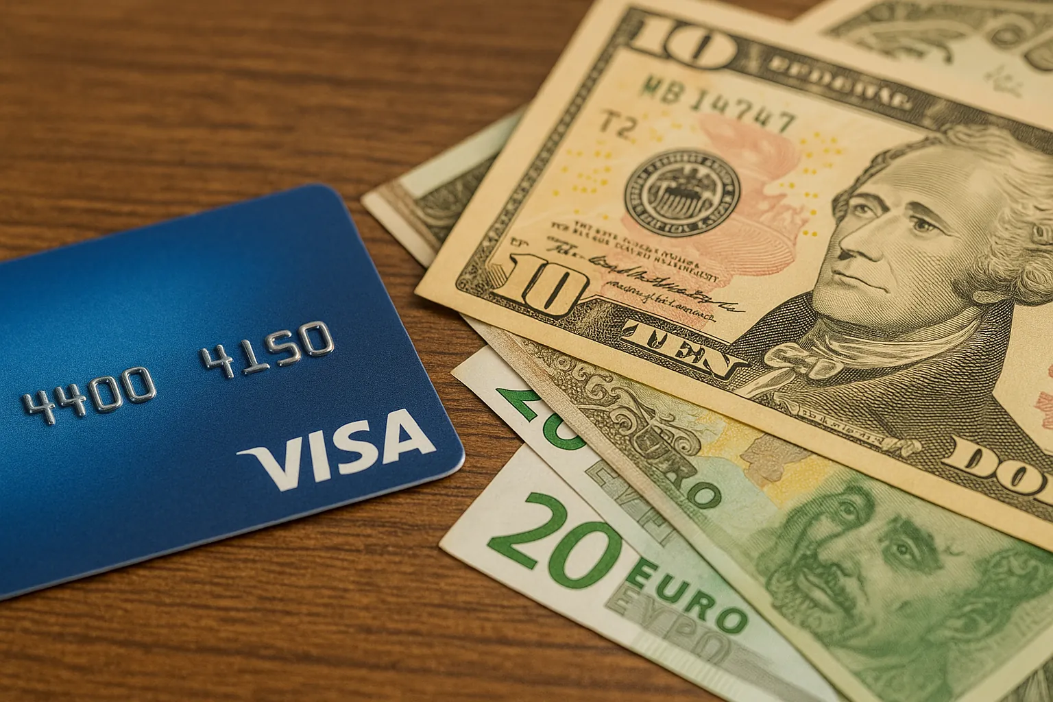 비자카드-결제와-현지통화-직접결제의-수수료-차이를-상징적으로-보여주는-사진-왼쪽에는-비자카드가-놓여있고-오른쪽에는-달러와-유로-지폐가-함께-배치되어-국제결제와-현지결제의-선택지를-나타냄