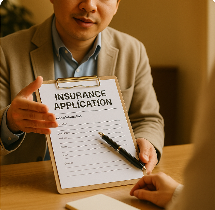 보험설계사가 보험 가입 신청서를 고객에게 보여주며 설명하는 모습.