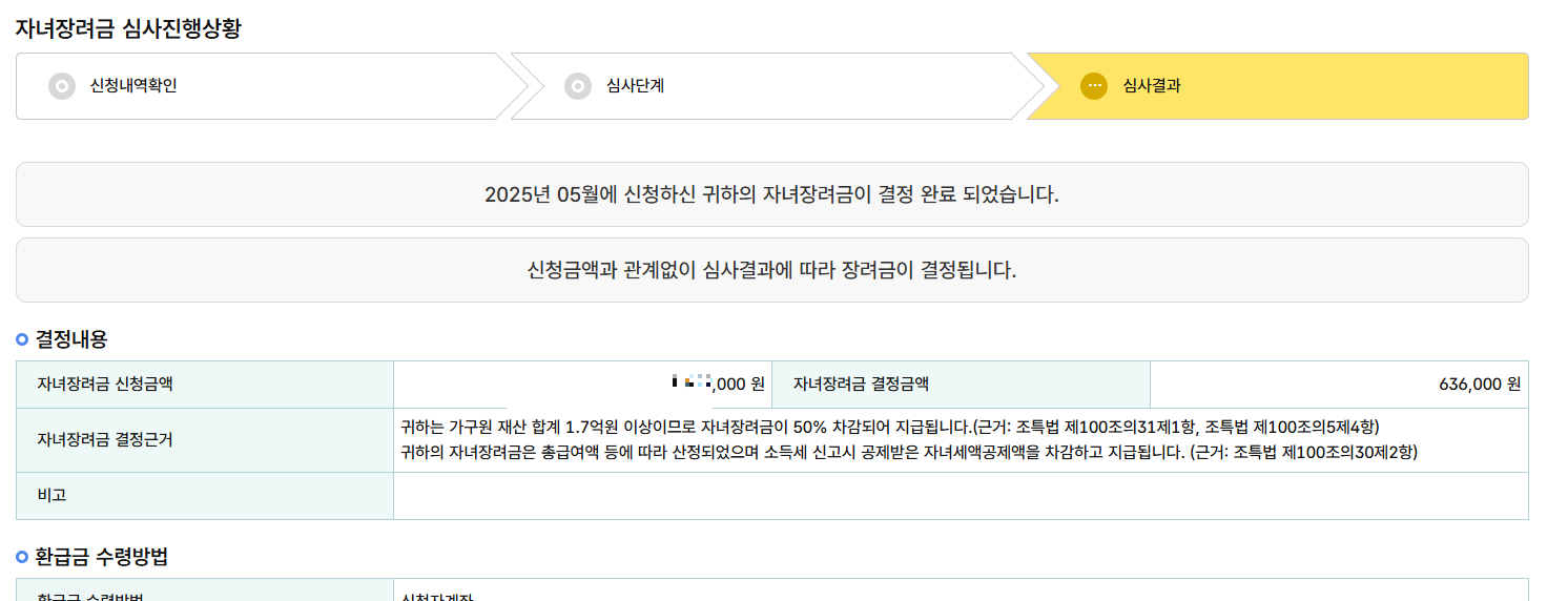25년도 홈택스 자녀장려금 심사진행상황 조회 화면, 신청금액과 결정금액이 다르게 표시되고 재산 차감&middot;자녀세액공제 차감 근거가 명시된 결정내용 표