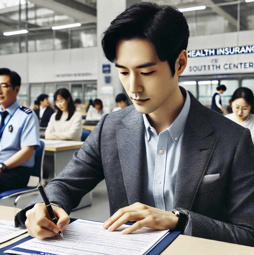 건강보험 환급 신청서를 작성하는 남성