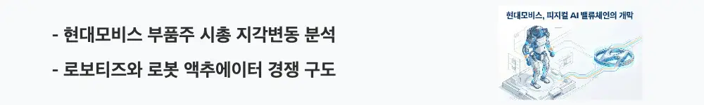 현대모비스 주가 전망: &rsquo;현대모비스 부품주 시총 지각변동 분석'이라는 문구가 포함된 웹배너 이미지. 이 이미지는 현대모비스의 자동차 부품주 내 1위 위상과 로보티즈와의 로봇 액추에이터 경쟁 구도를 시각적으로 전달하며, 블로그의 현대모비스 주가 전망과 관련된 내용을 설명함