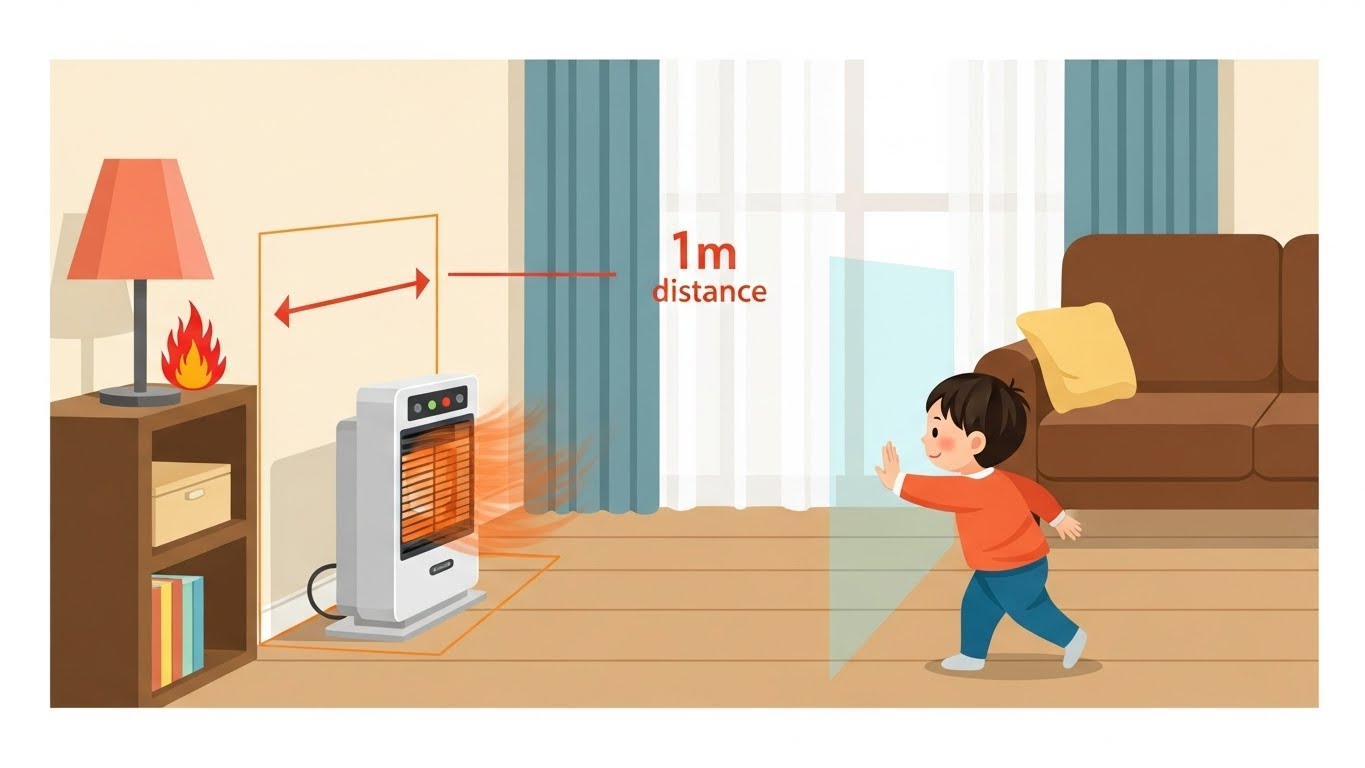 팬 히터가 있는 어린이 안전한 가정 환경을 묘사한 인포그래픽 스타일의 일러스트입니다.