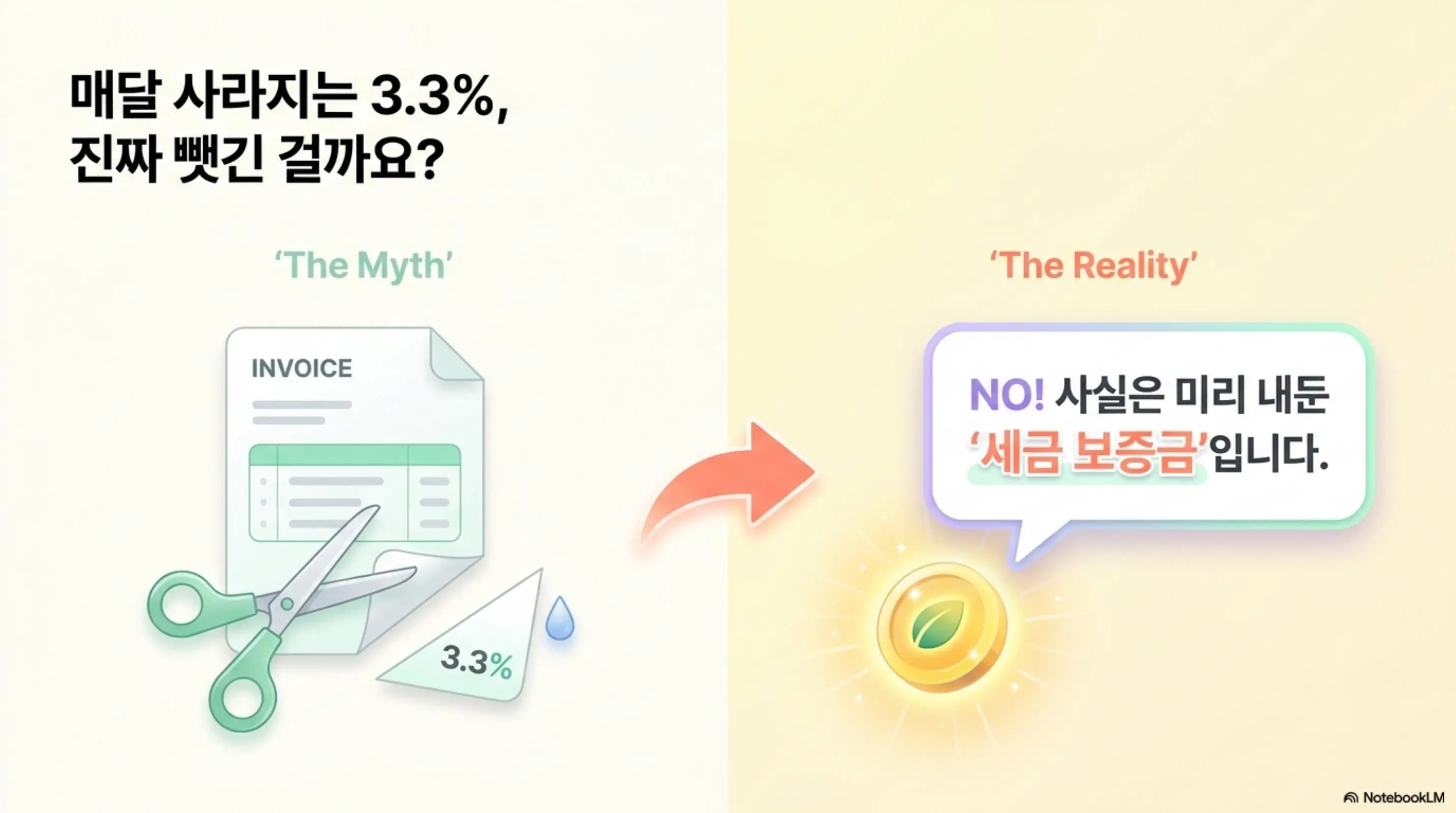 프피랜서 3.3% 환급: 매달 사라지는 3.3%는 빼앗긴 돈이 아니라 미리 내둔 세금 보증금이라는 사실을 설명하는 인포그래픽 이미지. 이 이미지는 프리랜서 3.3% 원천징수가 최종 세금이 아닌 선납 구조임을 시각적으로 전달하며, 블로그의 프리랜서 3.3% 환급받는 법과 관련된 내용을 설명함