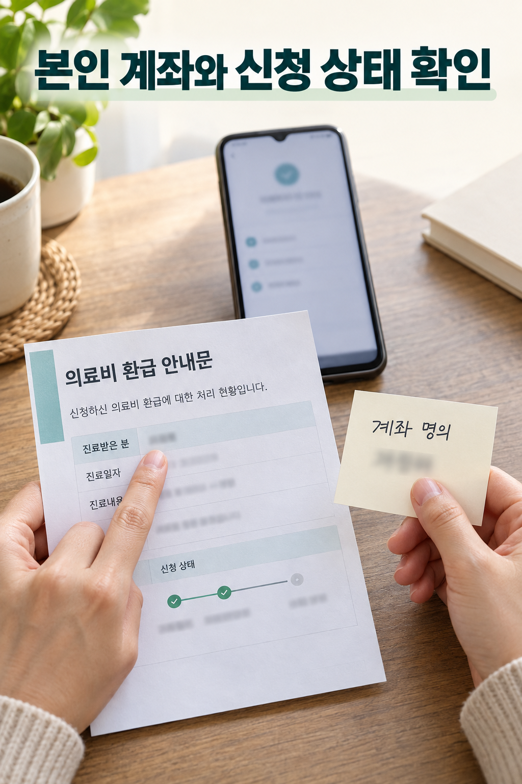 환급 안내문과 계좌 명의 확인 메모를 놓고 휴대전화로 확인하는 사람
