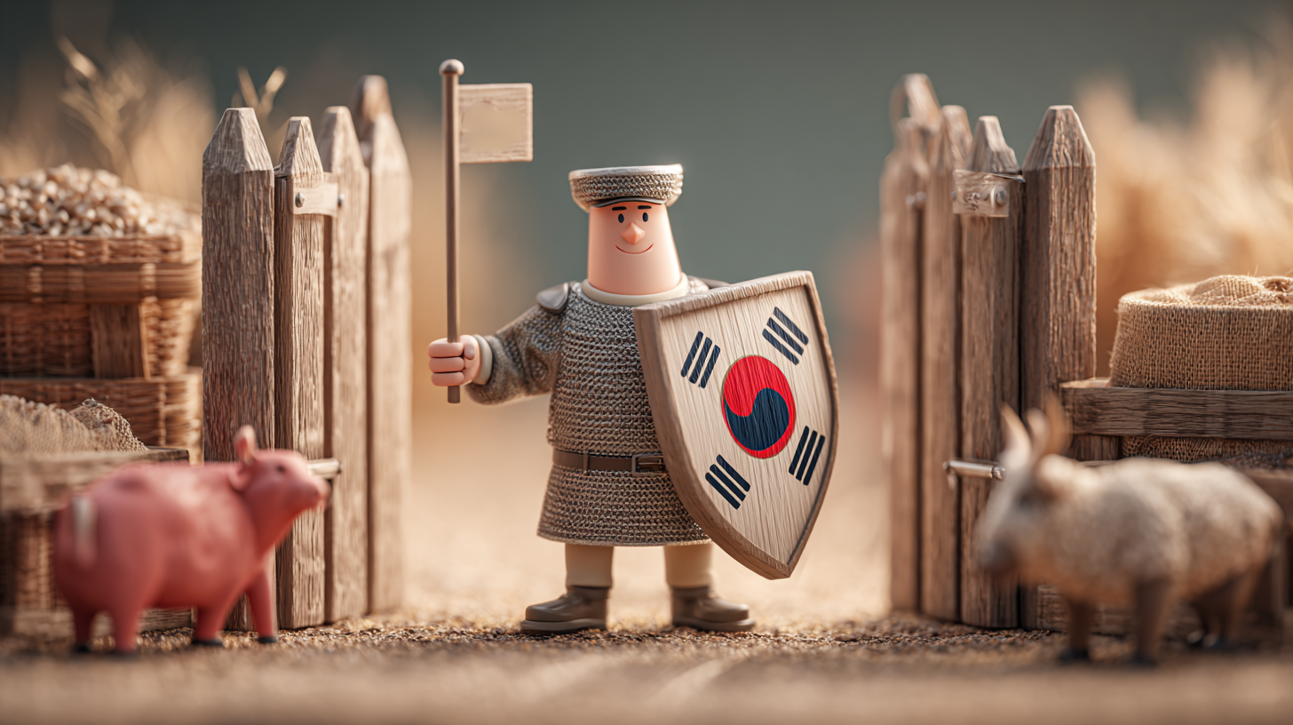 한국 농업 정책 담당자가 쌀과 소고기 아이콘 위로 방패를 들고 지키는 장면