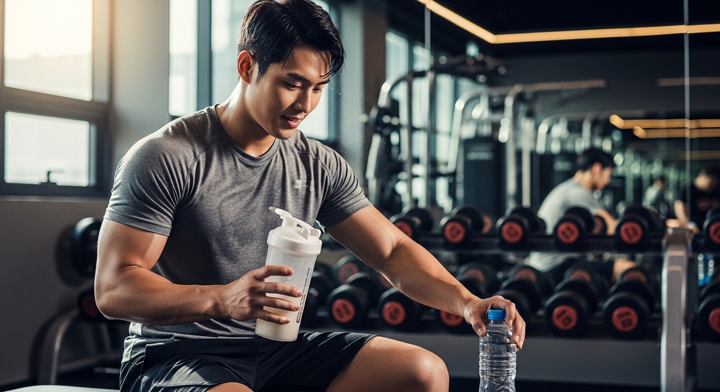 운동-후-단백질-보충을-하는-국인-남성-체육관에서-물병을-들고-숨을-고르는-모습-건강하고-활력-있는-표정