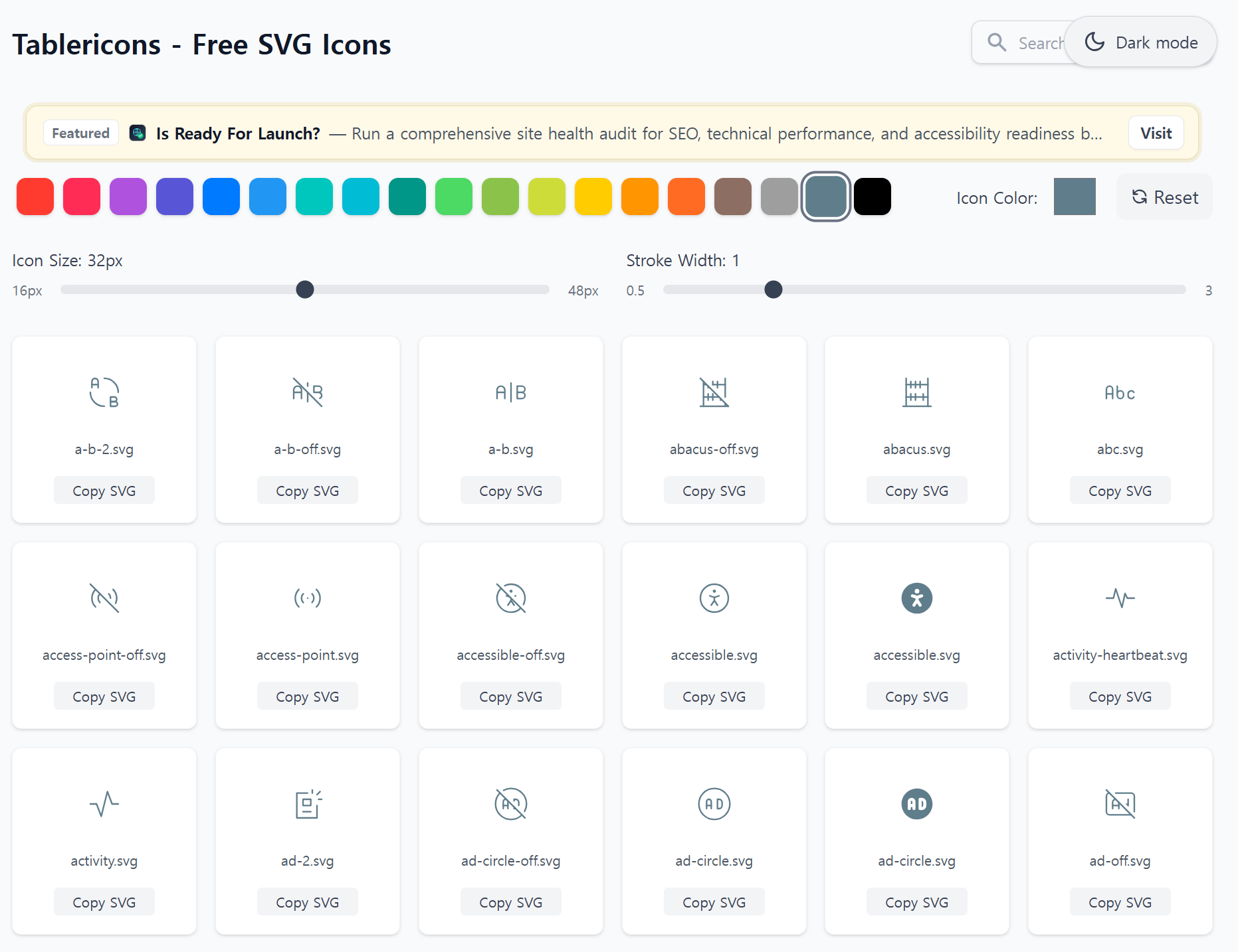 Tabler Icons (테이블러 아이콘) 웹사이트 화면