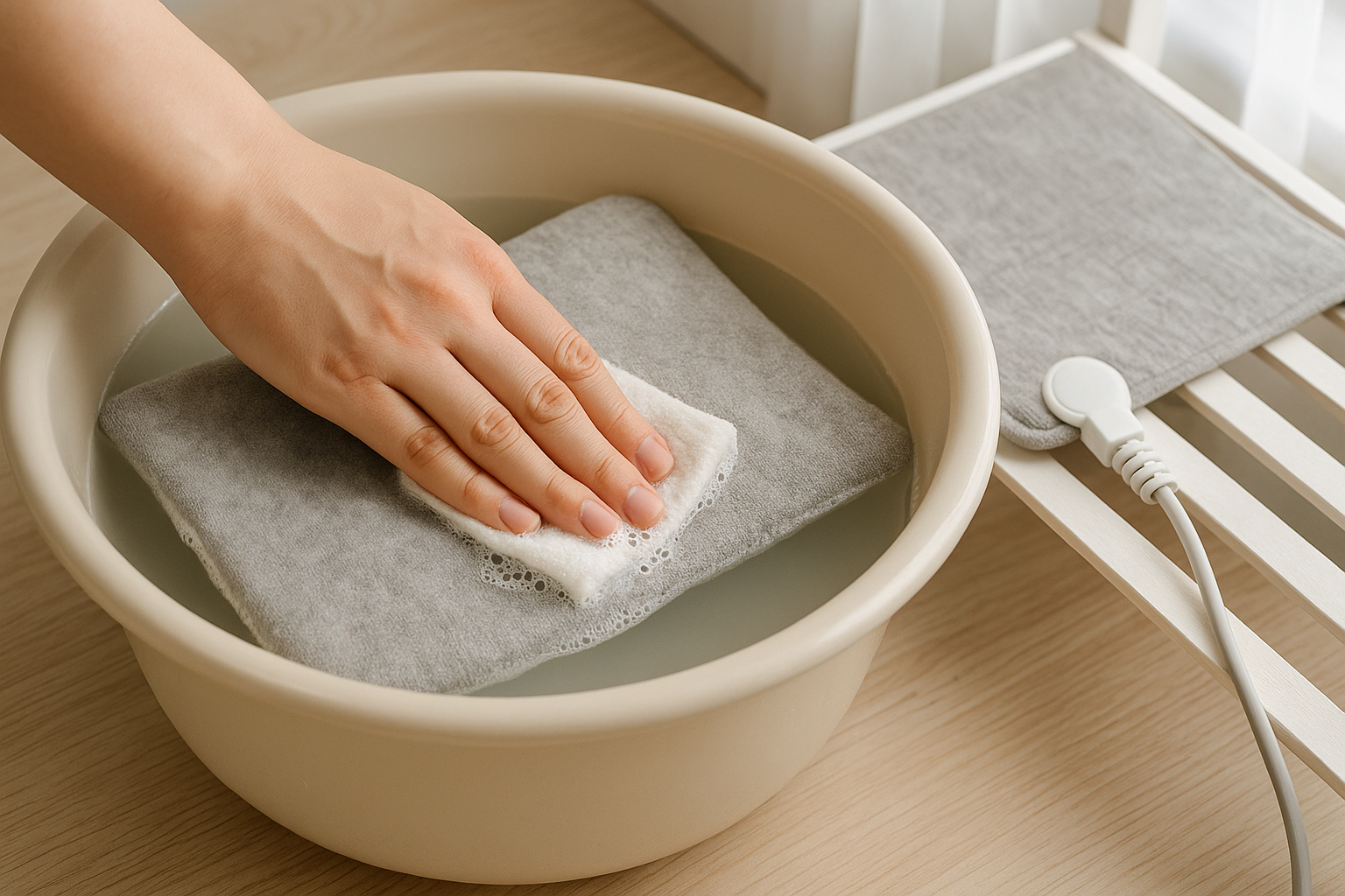 조절기&middot;커넥터를 분리한 뒤 미온수와 중성세제로 전기요를 국소 손세탁하고 그늘에서 평평하게 건조하는 장면