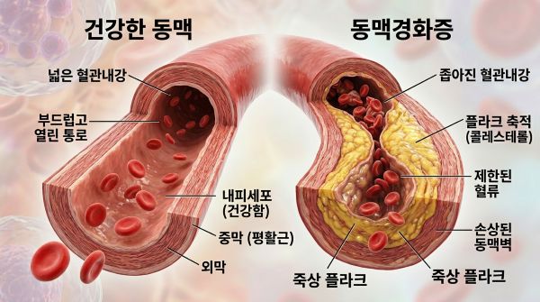 건강한 혈관 내벽과 동맥경화증 내벽