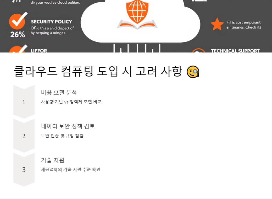 클라우드 보안, 비용 모델, 기술 지원을 시각화한 이미지. 기업이 도입 전에 고려해야 할 주요 요소를 강조하는 그래픽 요소 포함