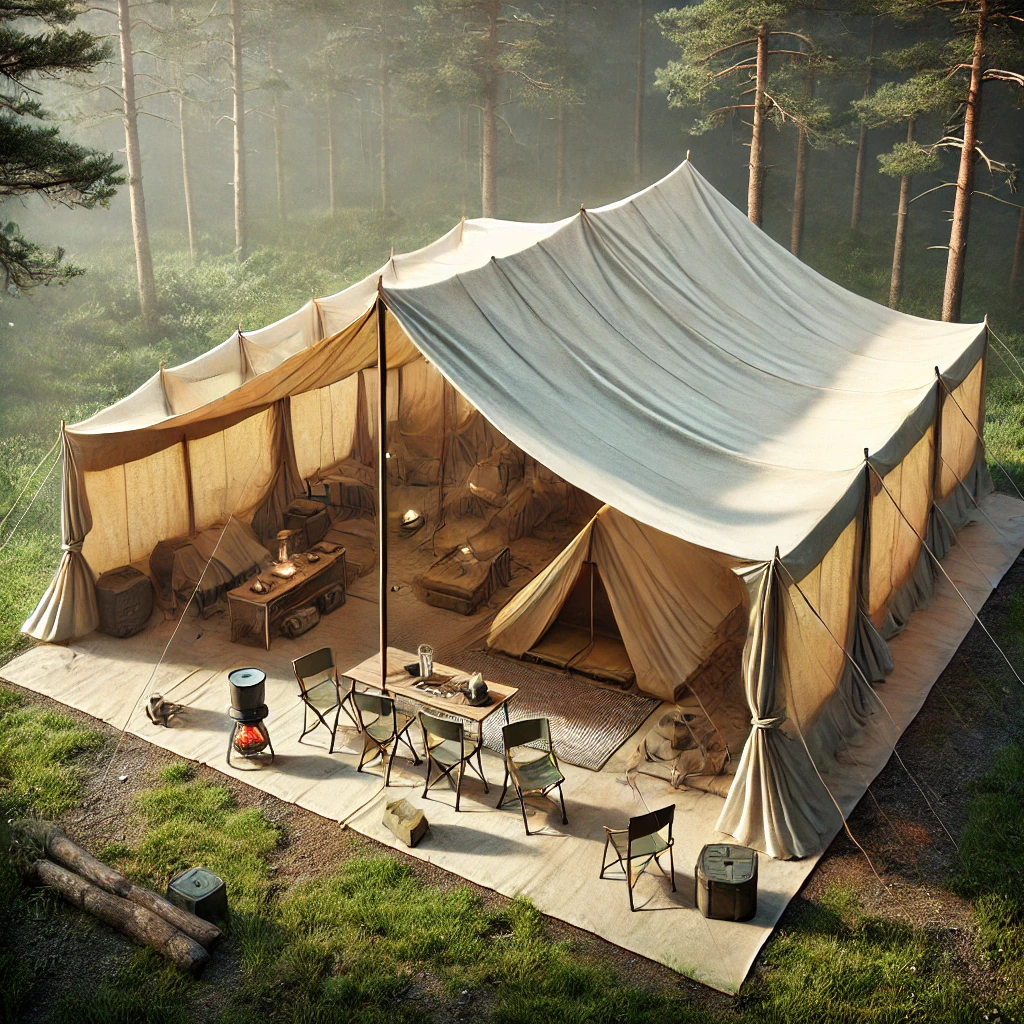 타프가 설치되어 있는 타프존 사이트에서 캠핑을 즐기는 모습에 대한 사진