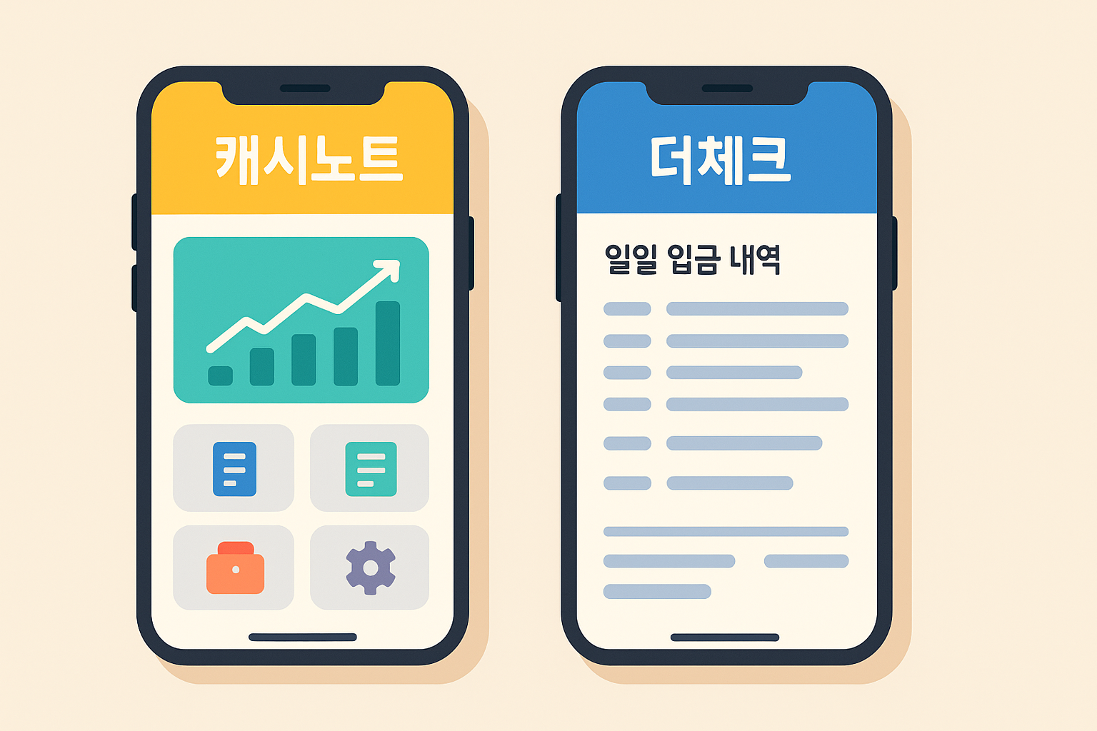 스마트폰 두 개가 나란히 놓여 있고, 하나는 캐시노트 앱 화면, 다른 하나는 더체크 앱 화면을 보여주는 이미지