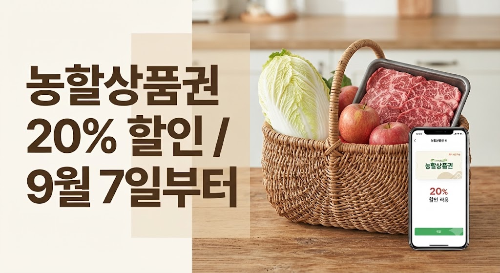 추석 농할상품권 발행 일정과 20% 할인 안내를 보여주는 장바구니와 스마트폰 화면 이미지