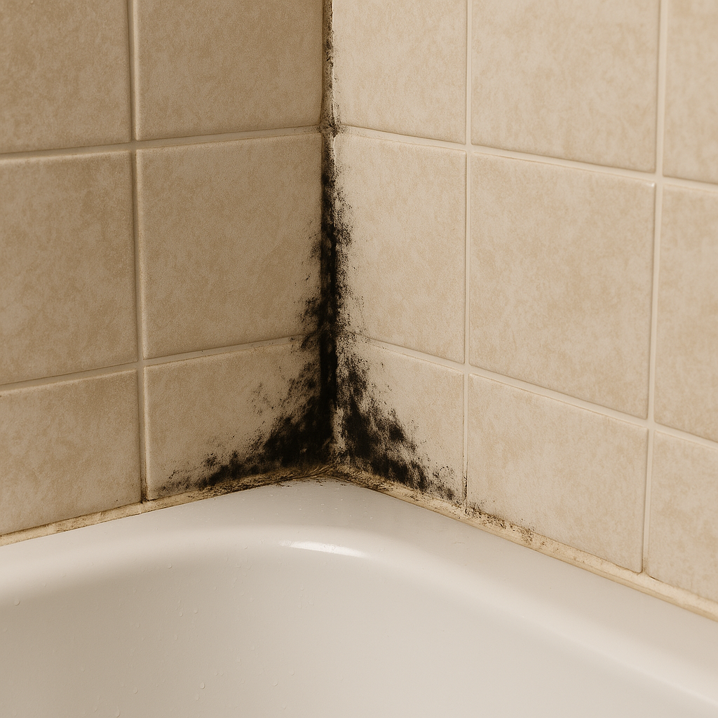 욕실 벽 타일 모서리 부분에 까맣게 번진 곰팡이로 오염된 상태. 청소 전 Before 모습
