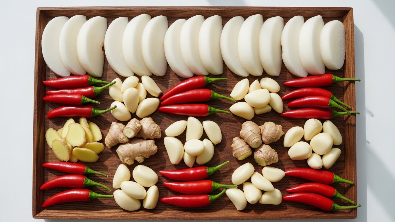 한국-배,-마늘-정향,-생강-조각,-통고추를-쟁반에-올려-동치미-국물의-향긋한-첨가물을-보여줍니다.