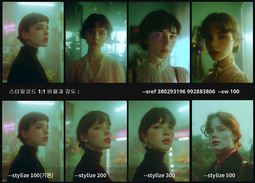 Pastel+Cinematic 믹스에서 1:1 비율과 스타일라이즈 변화에 따른 결과 비교_Midjourney