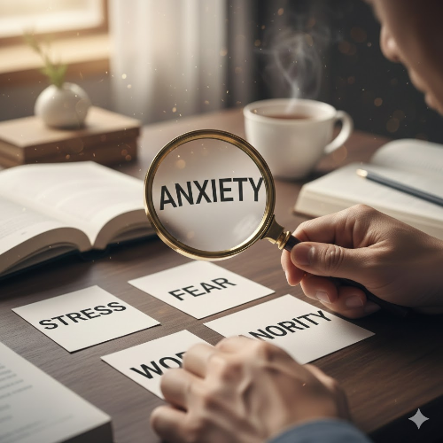 돋보기를 들고 '불안'과 '공포' 단어를 분석하는 손