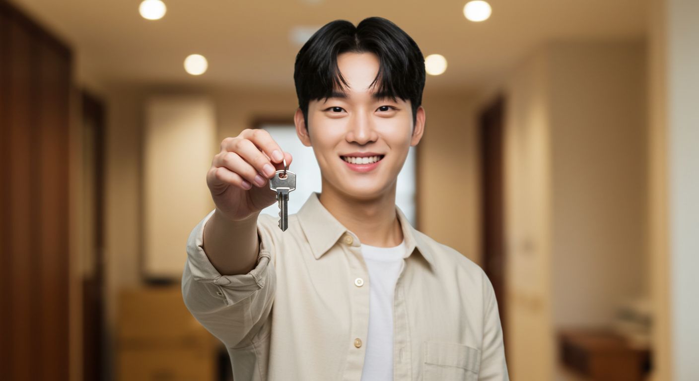 a young korean adult showing a home key to towards the camera and smiling, illustration
