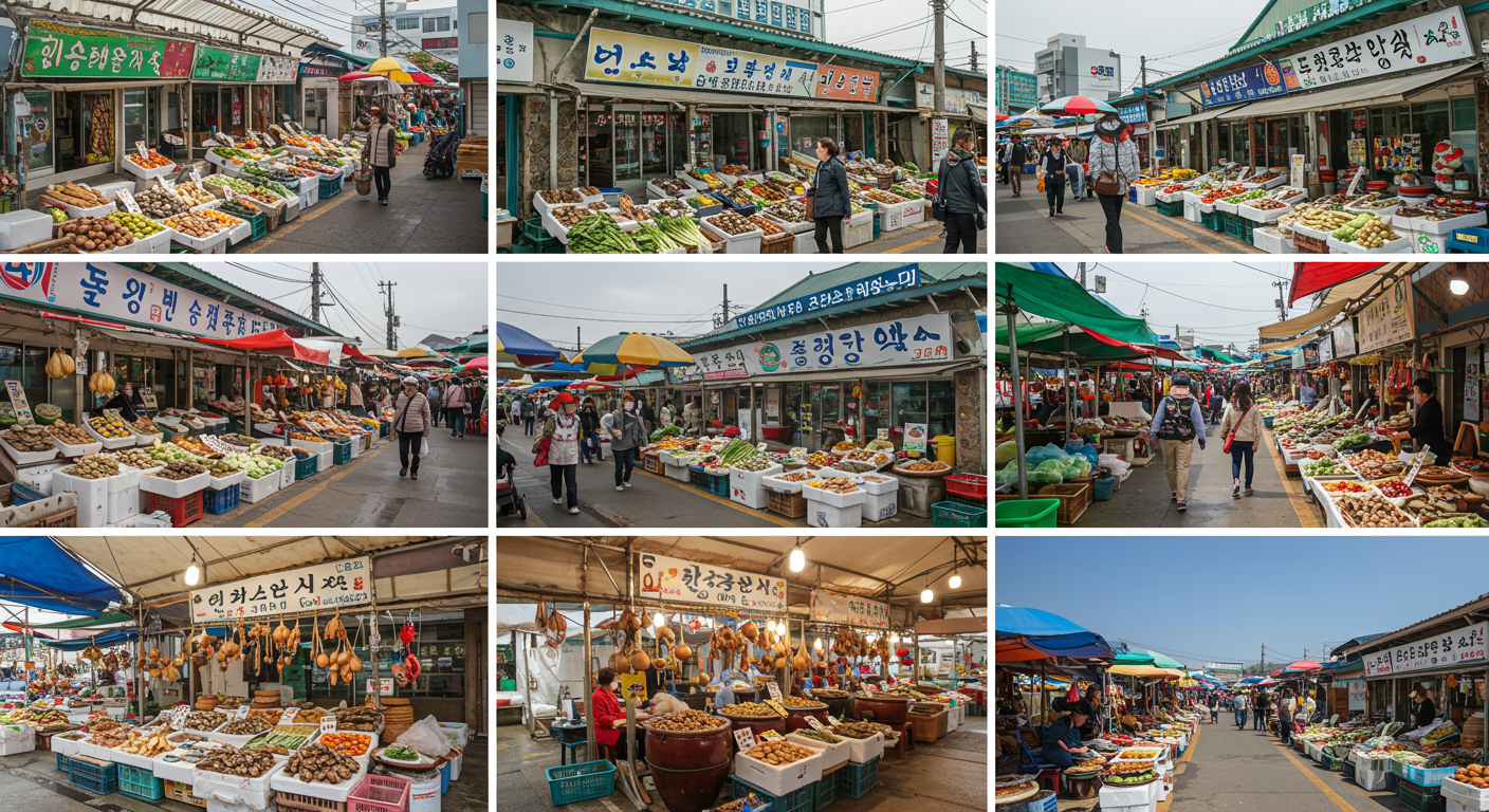 동문시장, 서귀포 매일올레시장, 세화 민속 오일장, 한림 오일장 등 제주 대표 시장 풍경.