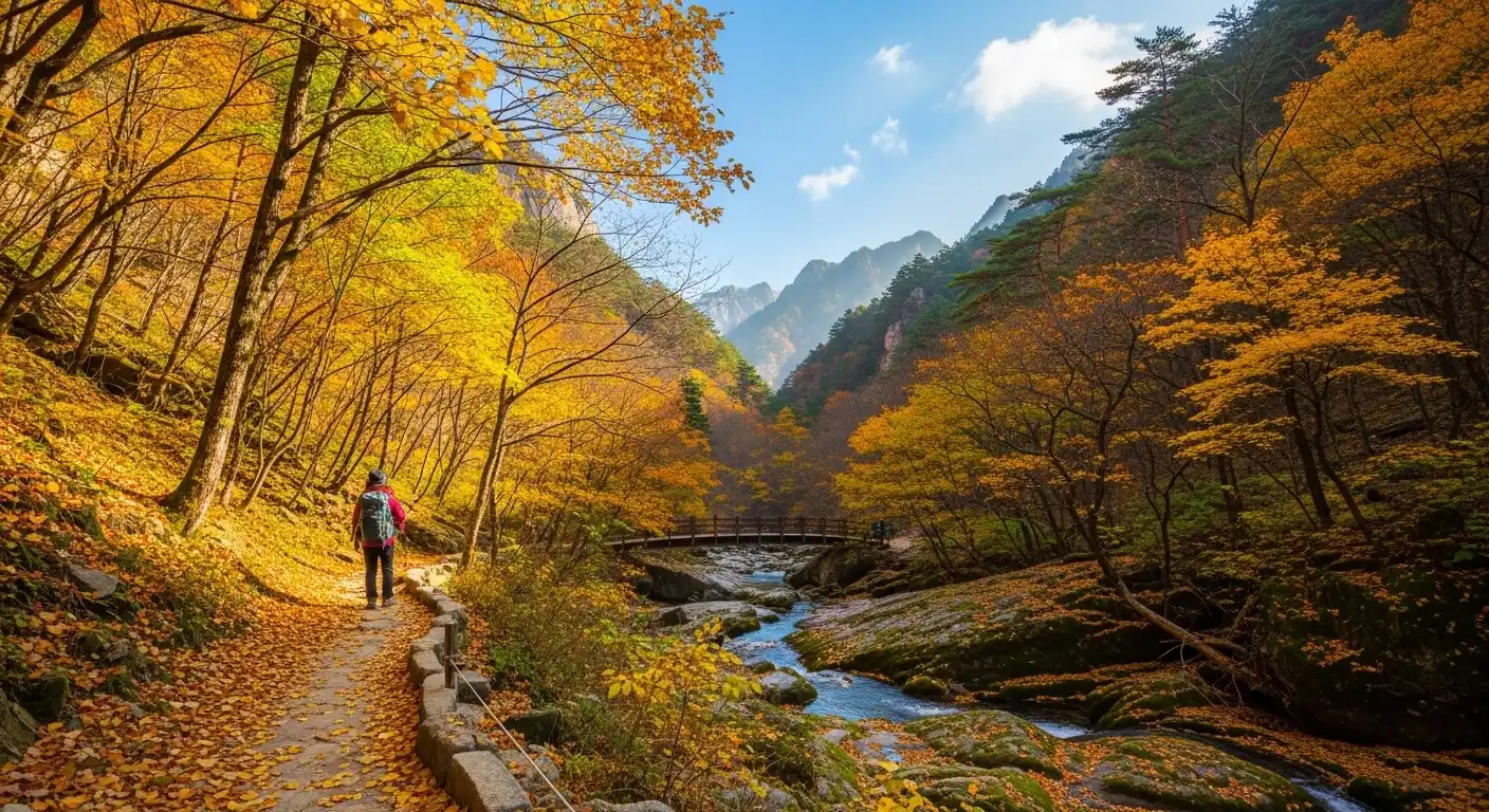 설악산-천불동-계곡-전경으로-노랗게-물든-단풍길을-한-등산객이-걷고-있는-뒷모습-AI이미지