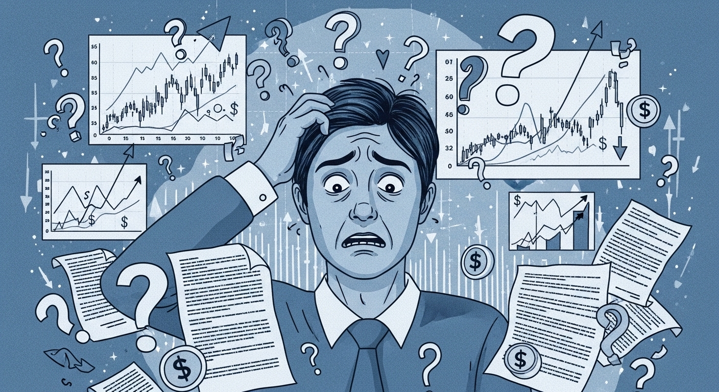 복잡한 금융 차트와 서류에 둘러싸여 어려움을 겪는 초보 투자자의 모습