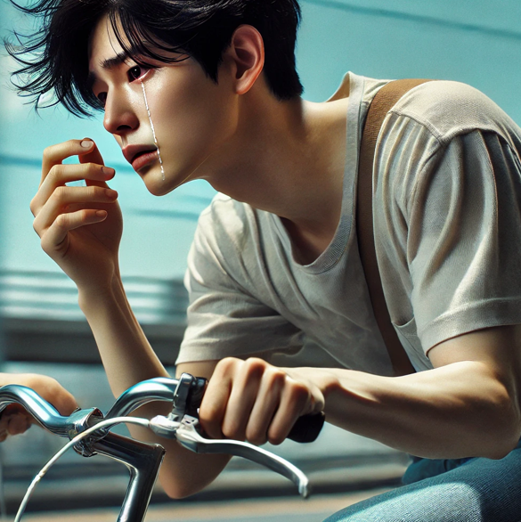 한국 드라마. 자전거를 타고 가는 남자 주인공이 울고 있다.