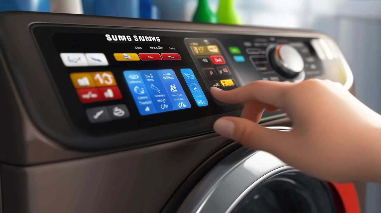 삼성 세탁기의 세련된 터치 스크린 인터페이스를 클로즈업으로 보여주는 이미지로, 다양한 세탁 모드가 디스플레이되고 사용자 손이 자연스럽게 화면을 조작하고 있습니다.