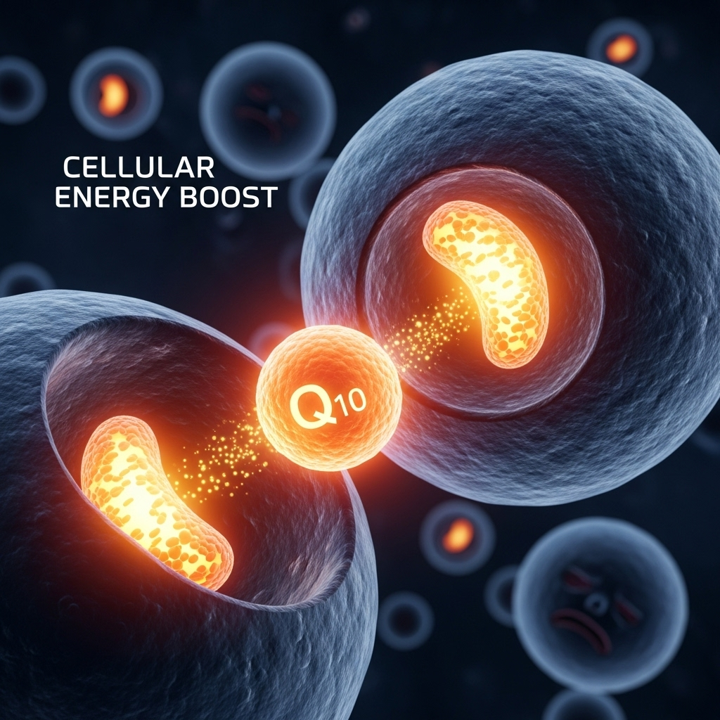 코엔자임 Q10 분자가 혈관 세포에 활력을 불어넣어, 에너지가 넘치게 만드는 모습을 시각화한 이미지