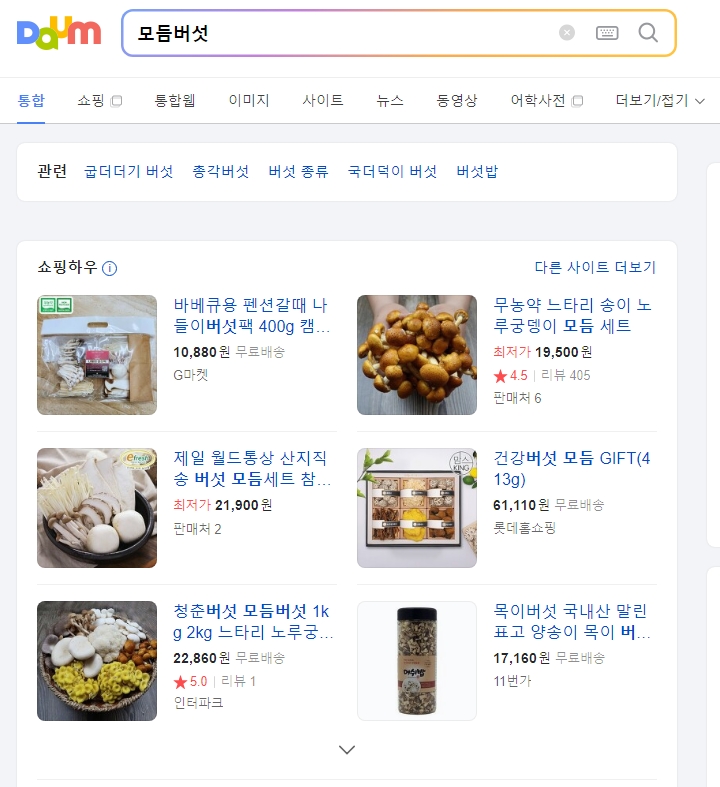 다양한 식용 버섯으로 구성된 모듬버섯 세트