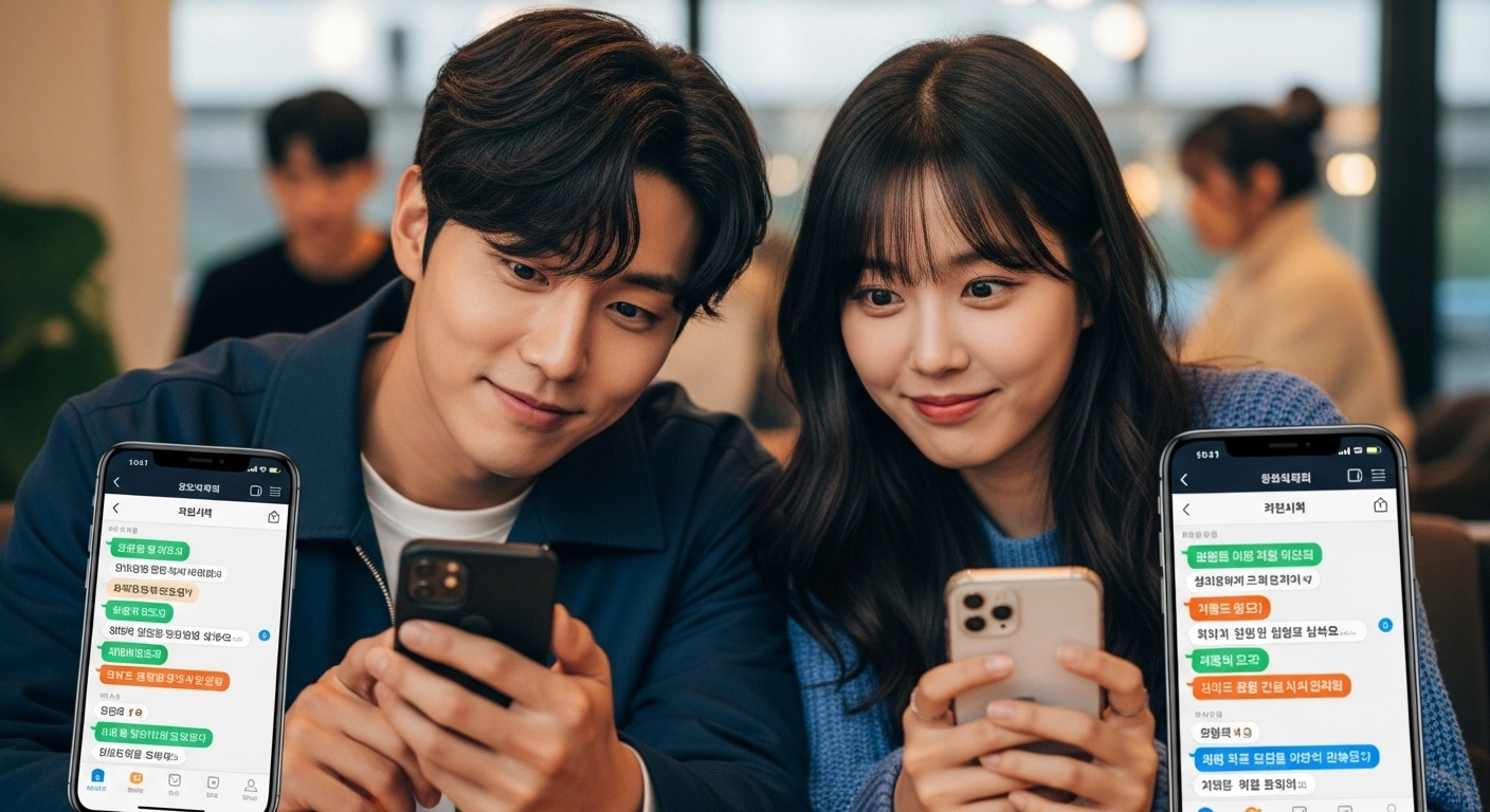 남자와 여자가 핸드폰으로 신조어를 확인하는 이미지