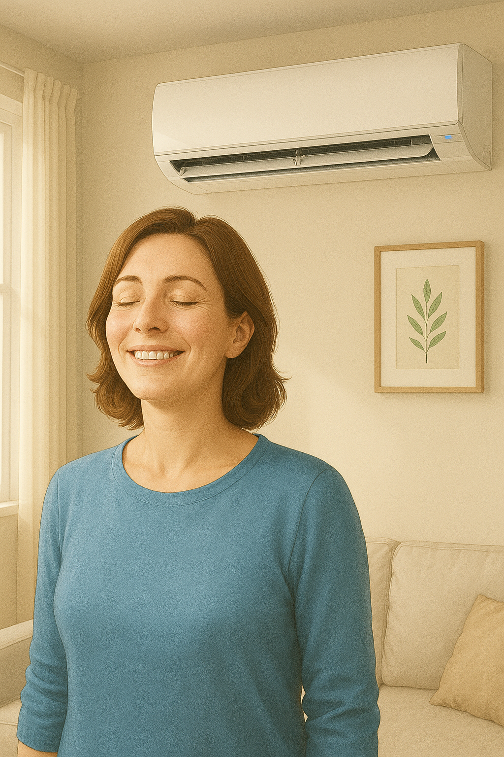 다시 작동하는 에어컨 앞에서 시원한 바람을 느끼며 안심하는 사람